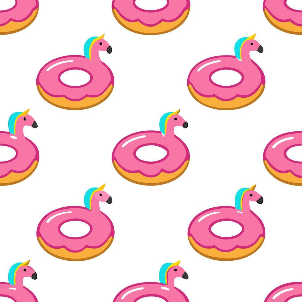 Fun inflatable pool float seamless tile pattern with flamingos unicorns and donut shapes concept as Inflatable pool floats in fun shapes like flamingos unicorns and donuts create a Seamless Set vector