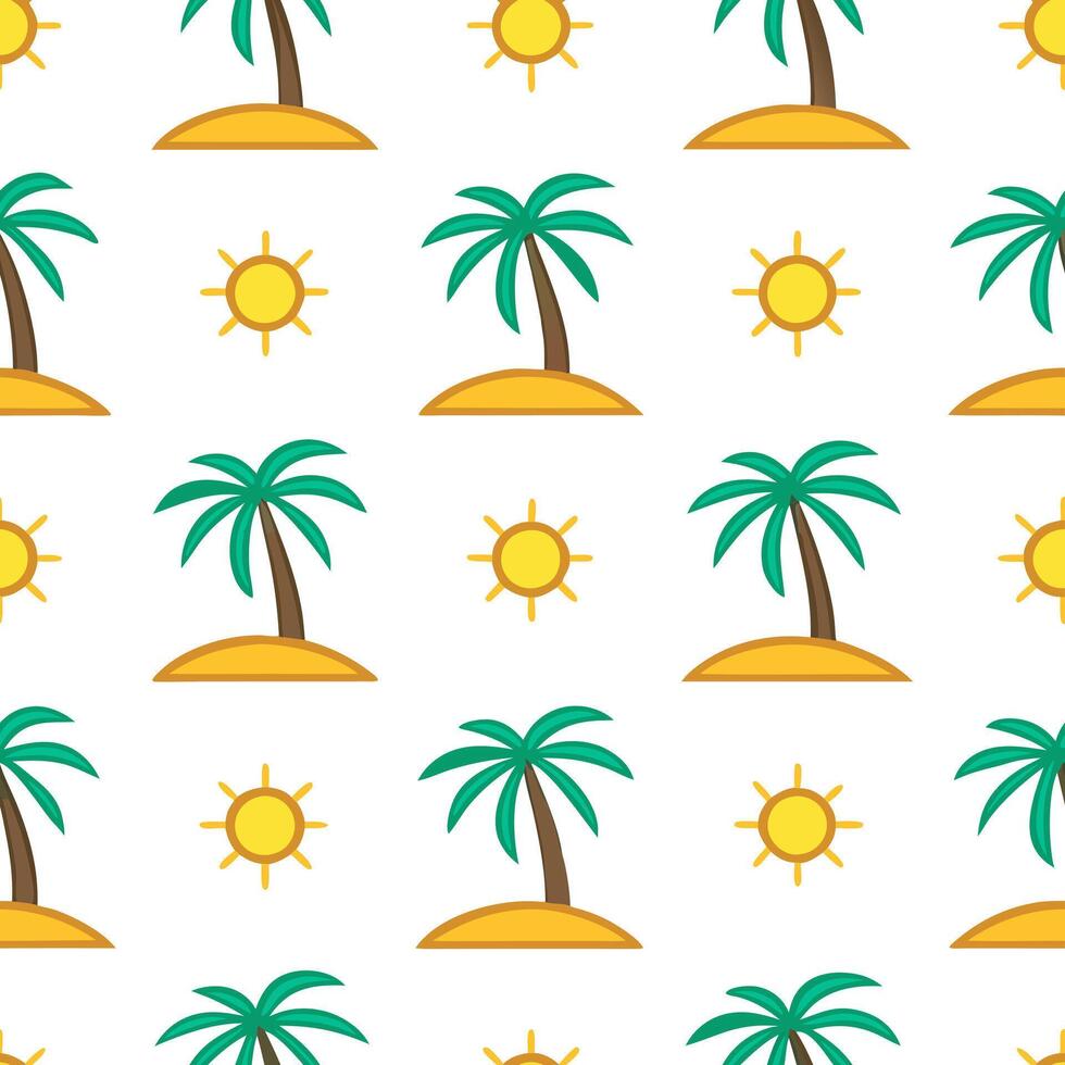 Tropical island seamless tile pattern with palm trees bright sun and sandy beaches concept as Palm trees bright sun and sandy beaches form a vibrant and tropical seamless tile patt Seamless Set vector