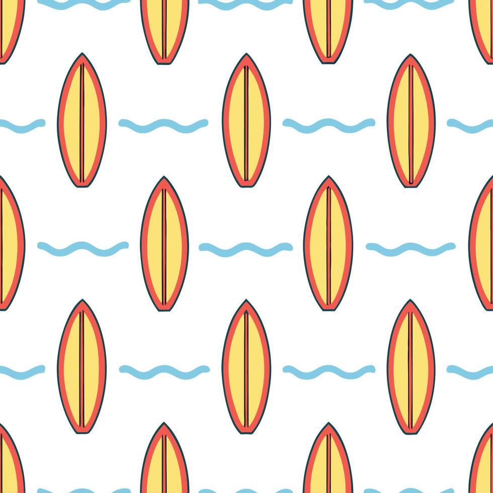 Summer surfboards seamless tile pattern with colorful boards and ocean waves concept as Colorful surfboards and rolling ocean waves create a seamless tile pattern capturing summer Seamless Set vector