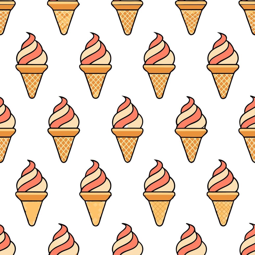 Ice cream cone seamless tile pattern with swirls of chocolate vanilla and strawberry for a sweet summer feel concept as Swirls of chocolate vanilla and strawberry ice cream cones c Seamless Set vector