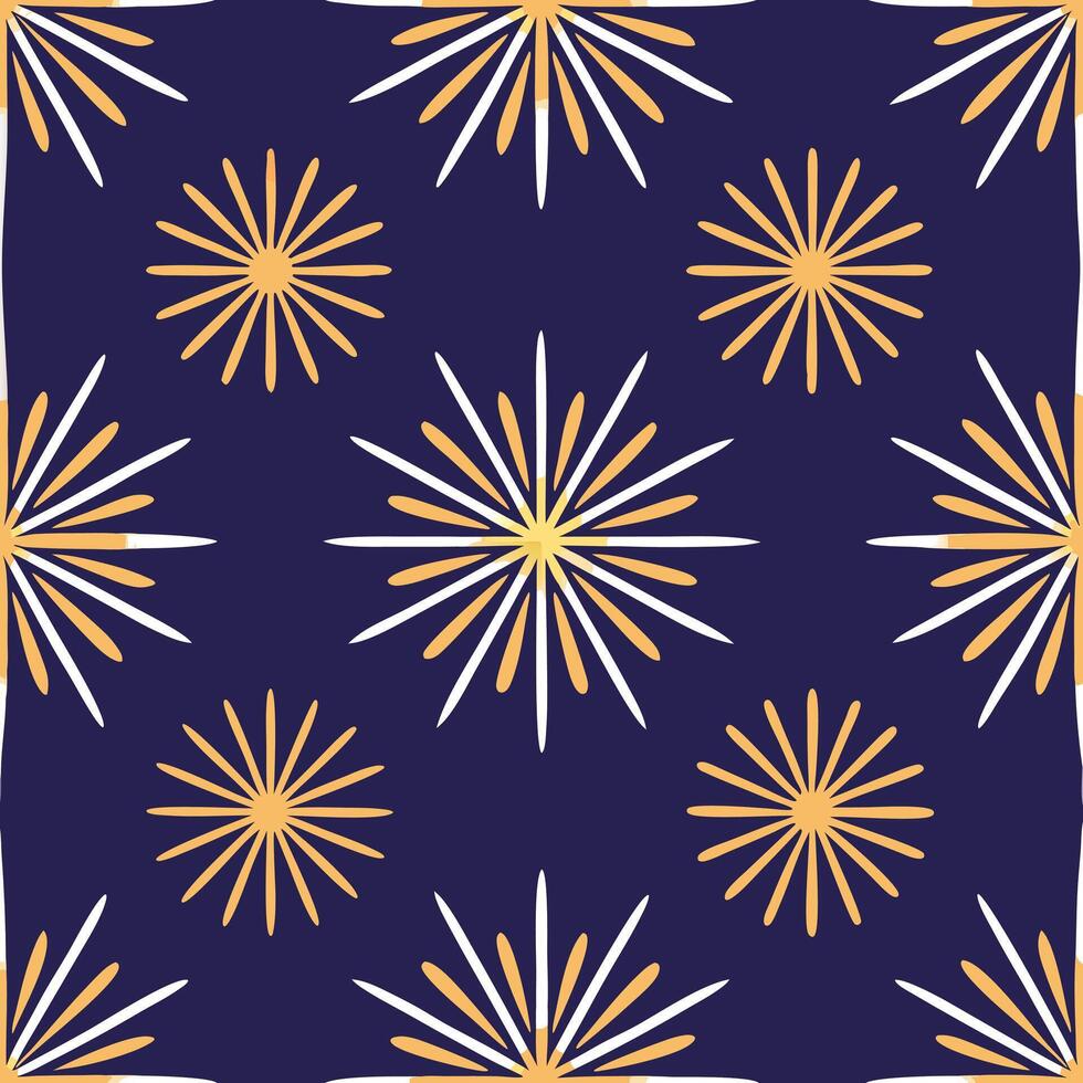 Fun fireworks and sparklers seamless tile pattern with bright flashes lighting up the summer sky concept as Bright fireworks and sparklers light up the summer night sky in this fun Seamless Set vector