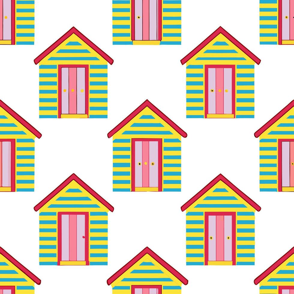 Coastal beach huts seamless tile pattern with vibrant colors and beach house atmosphere concept as Colorful coastal beach huts create a fun vibrant seamless tile pattern full of be Seamless Set vector