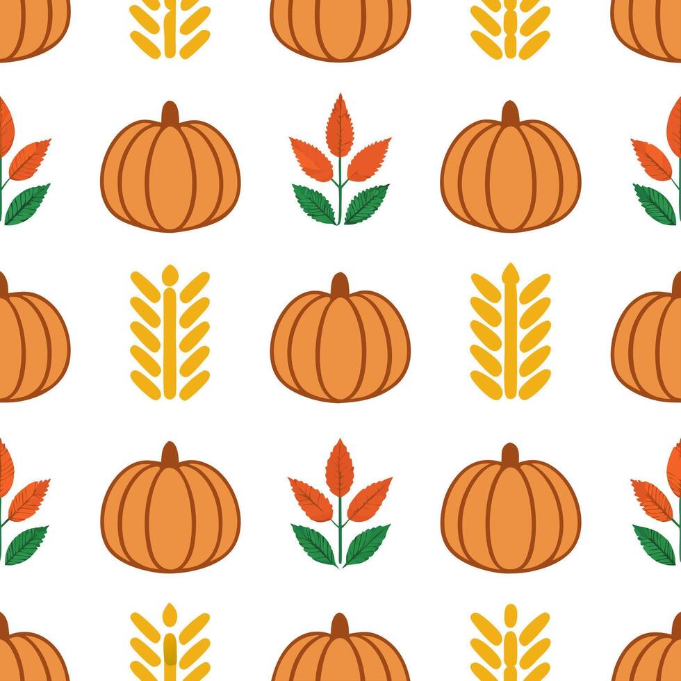 Warm autumn harvest seamless tile pattern with pumpkins cornstalks and colorful leaves concept as Pumpkins cornstalks and colorful leaves in warm tones create a warm autumn harvest Seamless Set vector