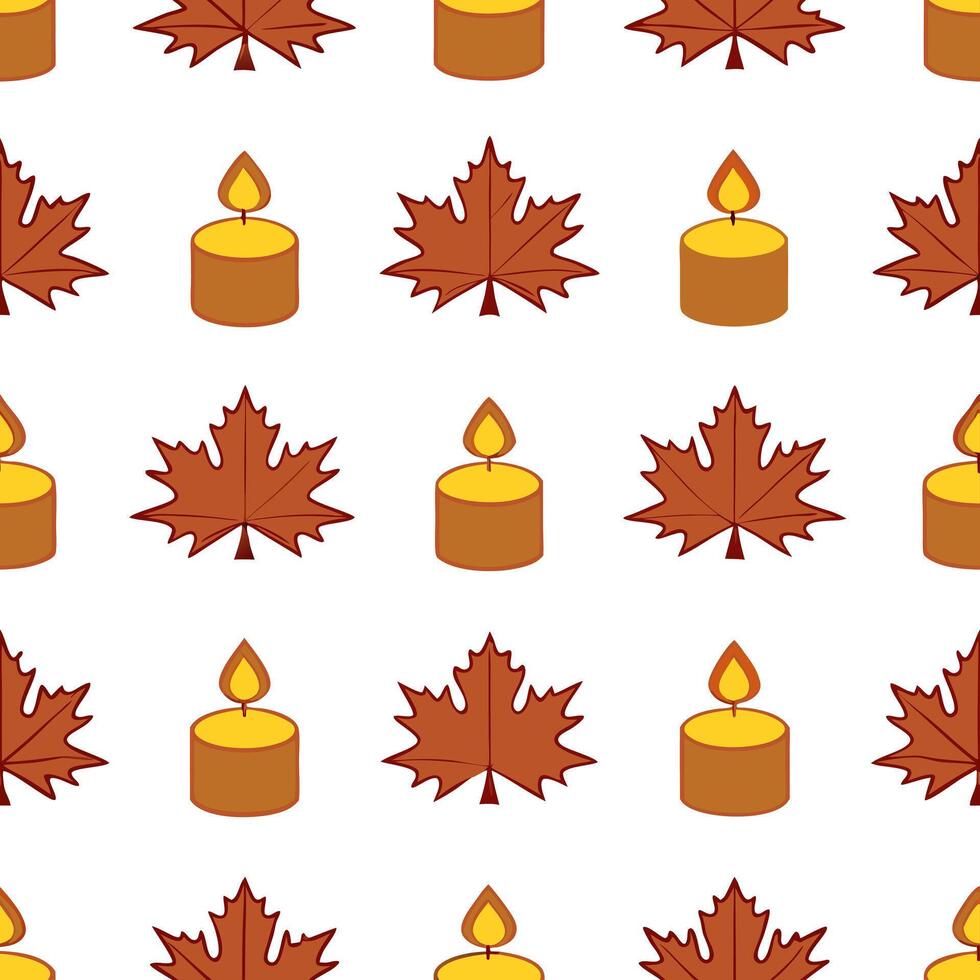 Cozy autumn candle and leaves seamless tile pattern with warm inviting colors concept as Warm inviting candles surrounded by autumn leaves create a cozy seamless tile pattern perfe Seamless Set vector