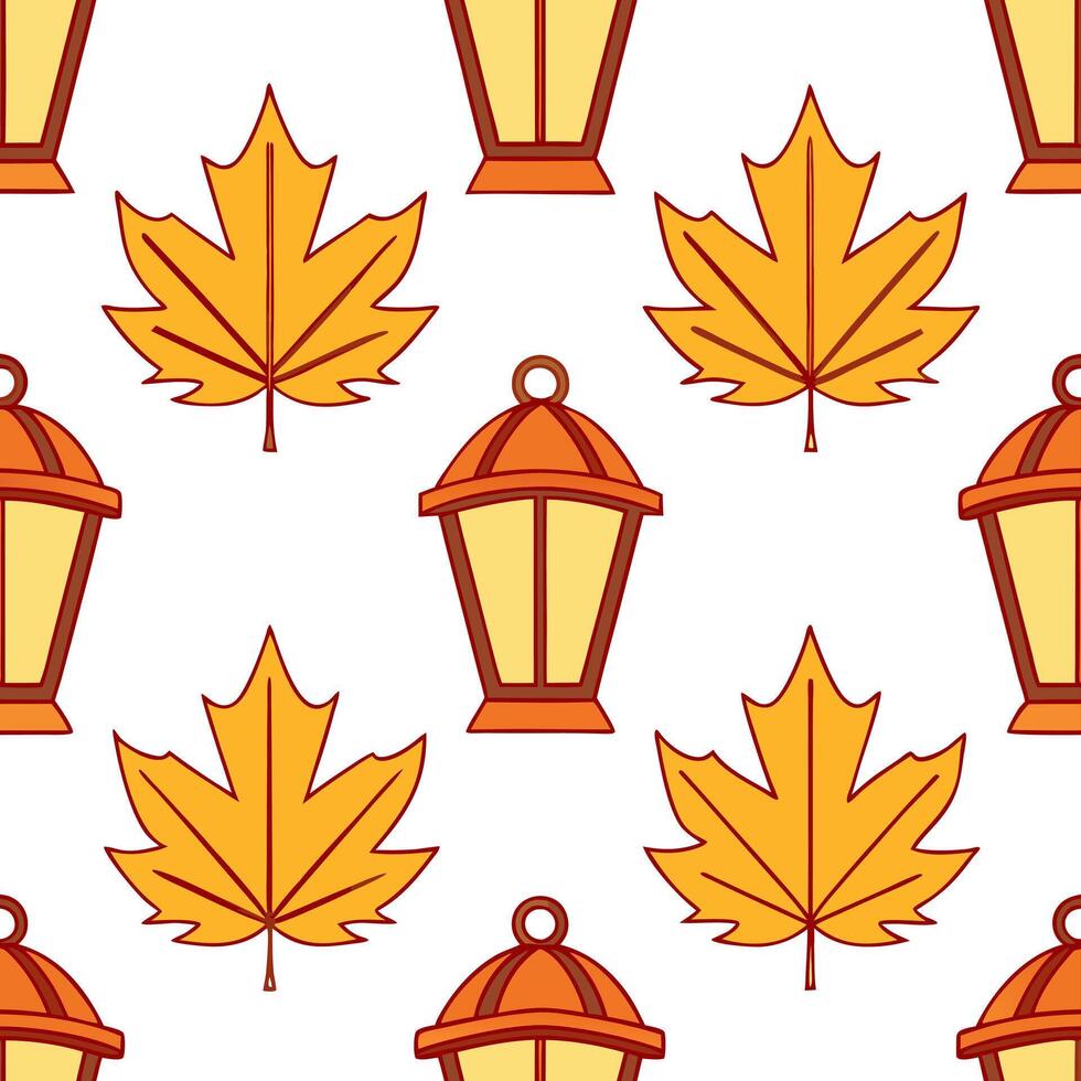 Cozy autumn lanterns seamless tile pattern with warm lights and fall foliage concept as Warm lit autumn lanterns and fall foliage create a cozy seamless tile pattern perfect for fa Seamless Set 2 vector
