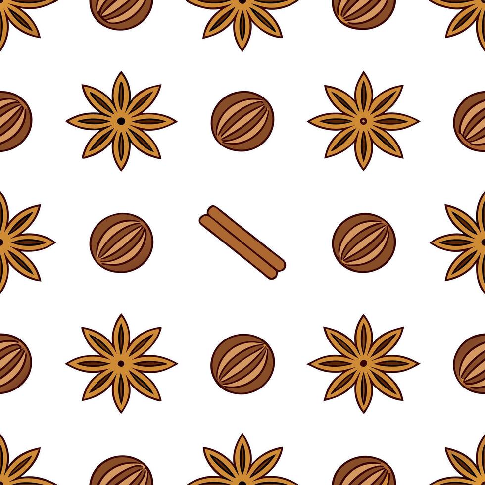 Warm autumn spices seamless tile pattern with cinnamon sticks nutmeg and cloves concept as Cinnamon sticks nutmeg and cloves in warm autumn tones create a cozy spices seamless tile Seamless Set vector