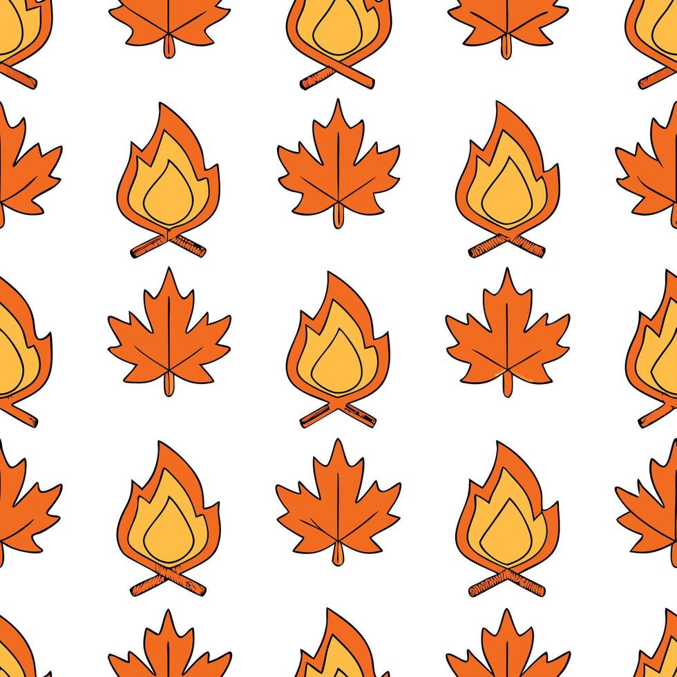 Cozy bonfire and fall leaves seamless tile pattern with warm autumn tones concept as Warm bonfire flames and fall leaves create a cozy autumn seamless tile pattern perfect for fall Seamless Set vector