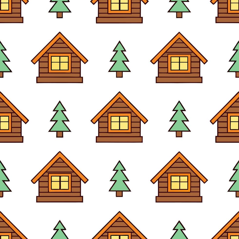 Cozy autumn cabin seamless tile pattern with pine trees leaves and warm lights concept as Pine trees colorful leaves and warm lights create a cozy autumn cabin seamless tile patter Seamless Set 2 vector