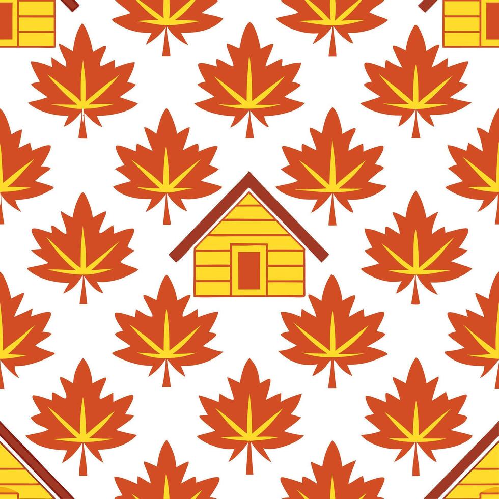 Cozy autumn cabin silhouette seamless tile pattern with pine trees and colorful leaves concept as Pine trees and colorful leaves create a cozy autumn cabin silhouette seamless tile Seamless Set vector