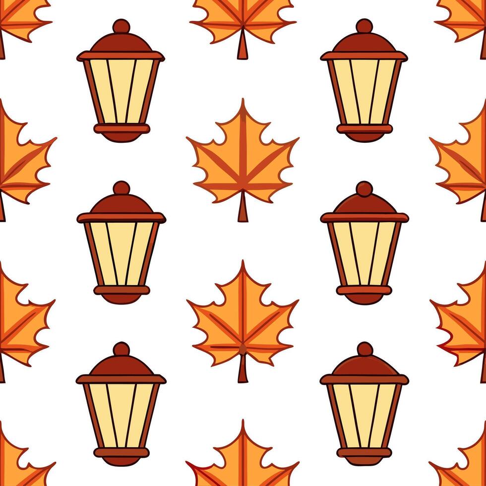 Warm autumn lanterns and leaves seamless tile pattern with cozy textures and colors concept as Autumn lanterns and warm leaves create a cozy seamless tile pattern with rich texture Seamless Set vector
