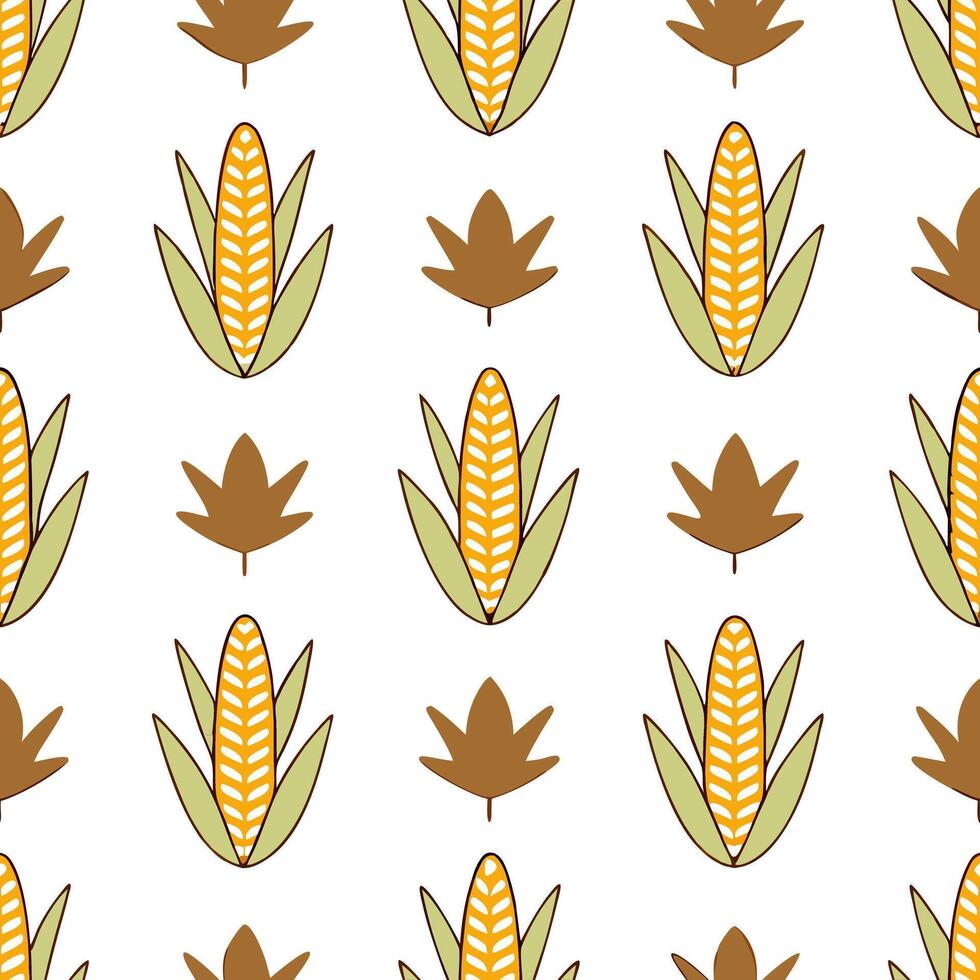 Harvest inspired corn stalks and leaves seamless tile pattern with warm earthy tones concept as Corn stalks and autumn leaves in warm earthy tones create a harvest inspired seamles Seamless Set vector