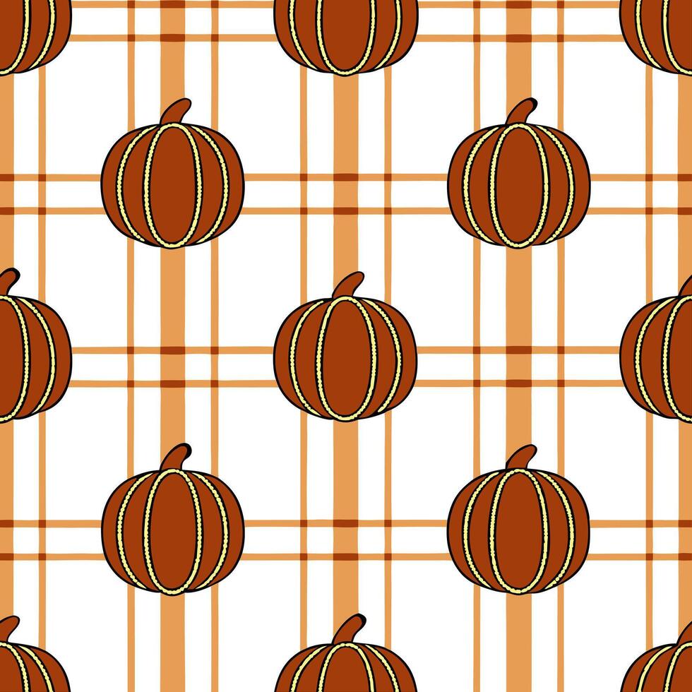 Cozy autumn plaid and pumpkin seamless tile pattern with warm colors and festive vibes concept as Warm plaid patterns combined with pumpkins create a cozy autumn plaid seamless til Seamless Set vector