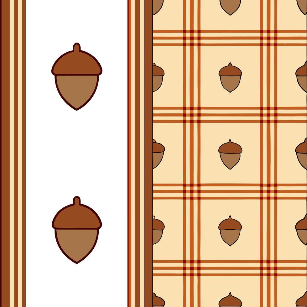 Cozy autumn plaid and acorn seamless tile pattern with warm colors and rustic textures concept as Warm plaid patterns and acorns create a cozy autumn seamless tile pattern with rus Seamless Set vector