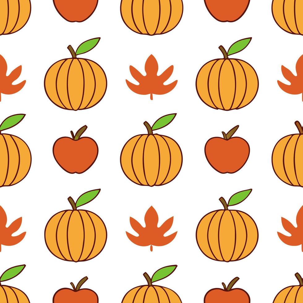 Warm autumn harvest seamless tile pattern with pumpkins apples and colorful leaves concept as Pumpkins apples and colorful leaves in warm tones create a warm autumn harvest seamles Seamless Set 3 vector