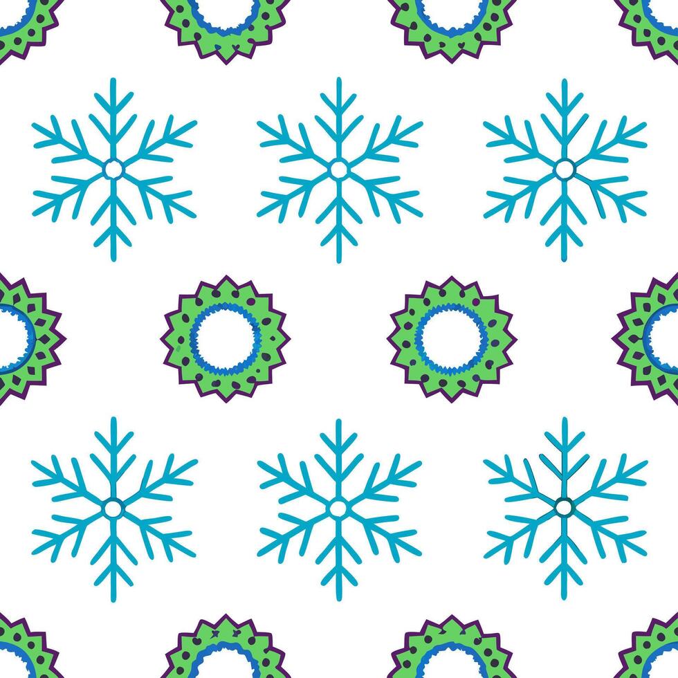Frosty snowflake and holiday wreath seamless tile pattern with festive winter elements concept as Holiday wreaths paired with frosty snowflakes create a seamless tile pattern with Seamless Set vector