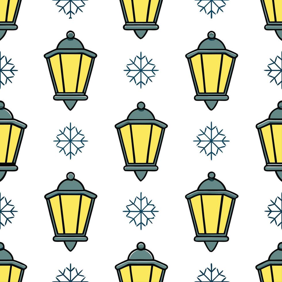 Frosty snowflake and lantern seamless tile pattern with glowing winter accents concept as Glowing winter lanterns paired with frosty snowflakes create a seamless tile pattern with Seamless Set vector