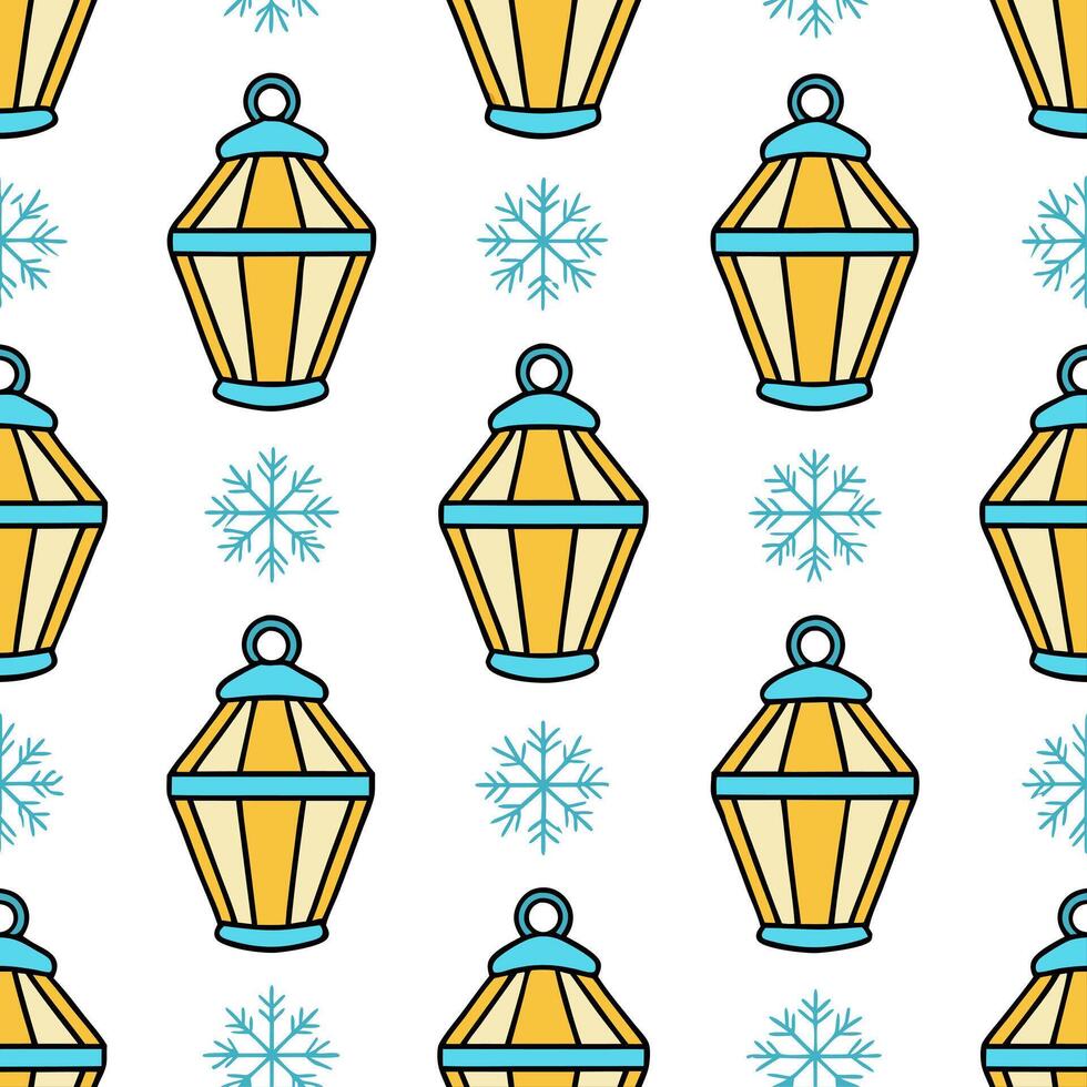 Frosty snowflake and lantern seamless tile pattern with glowing winter elements concept as Glowing winter lanterns paired with frosty snowflakes create a seamless tile pattern with Seamless Set vector