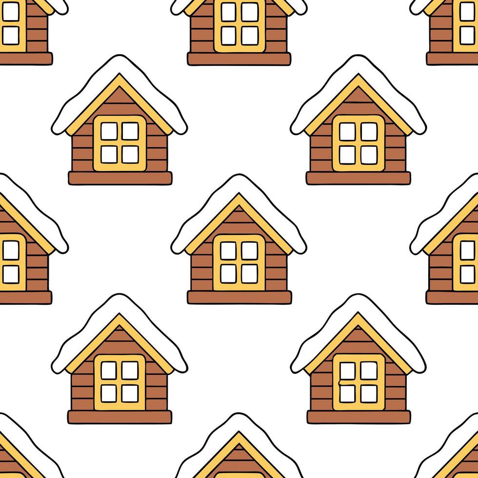 Cozy winter cabin seamless tile pattern with snow covered rooftops and warm lights concept as Snow covered rooftops and warm lights on cozy cabins create a seamless tile pattern pe Seamless Set vector