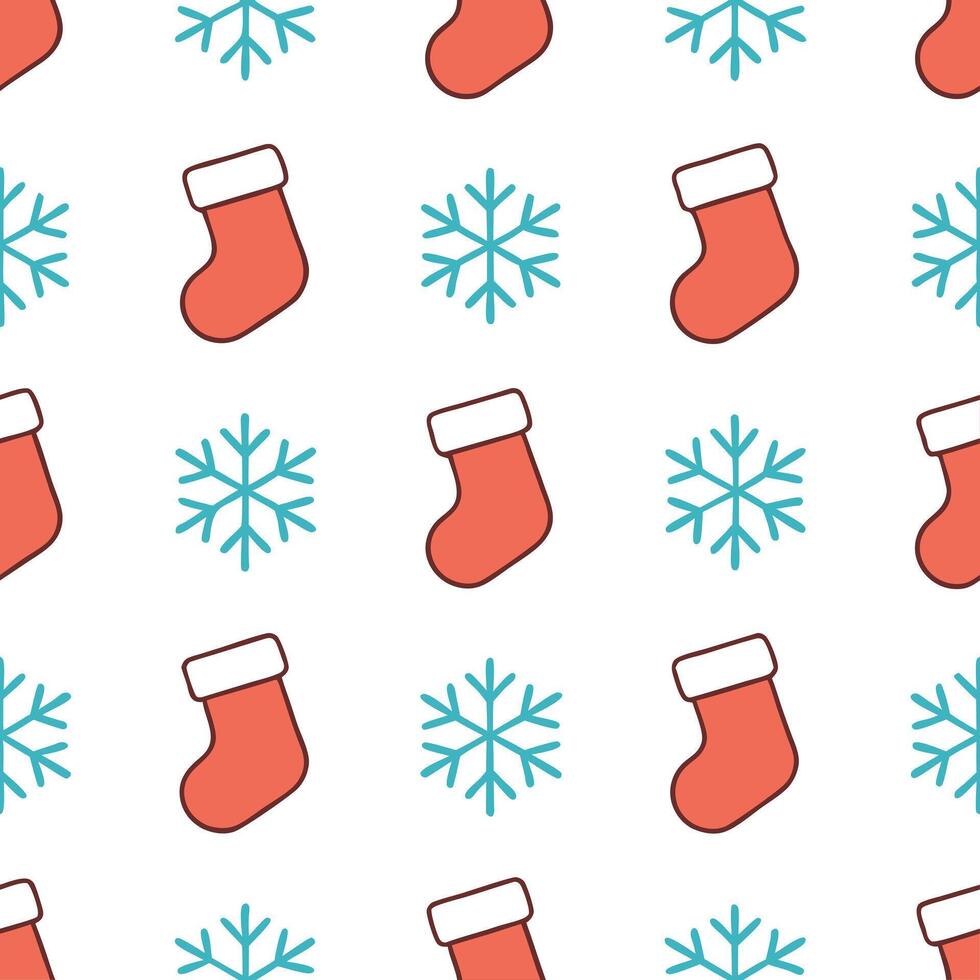 Frosty snowflake and holiday stocking seamless tile pattern with cozy winter elements concept as Cozy holiday stockings paired with frosty snowflakes create a seamless tile pattern Seamless Set vector