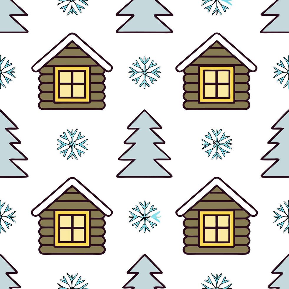 Snowflake and cozy cabin seamless tile pattern with warm winter elements and frosty details concept as Cozy cabins paired with snowflakes create a seamless tile pattern with warm w Seamless Set vector
