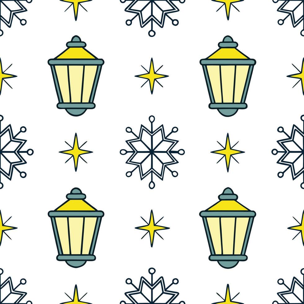 Twinkling snowflake and lantern seamless tile pattern with glowing winter accents concept as Twinkling snowflakes paired with glowing lanterns create a seamless tile pattern with r Seamless Set vector