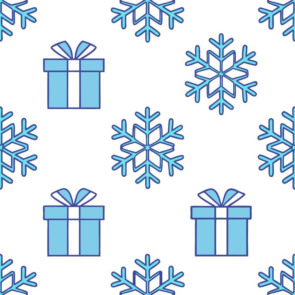 Frosty snowflake and gift box seamless tile pattern with sparkling winter accents concept as Sparkling snowflakes and gift boxes create a frosty seamless tile pattern with winter a Seamless Set vector