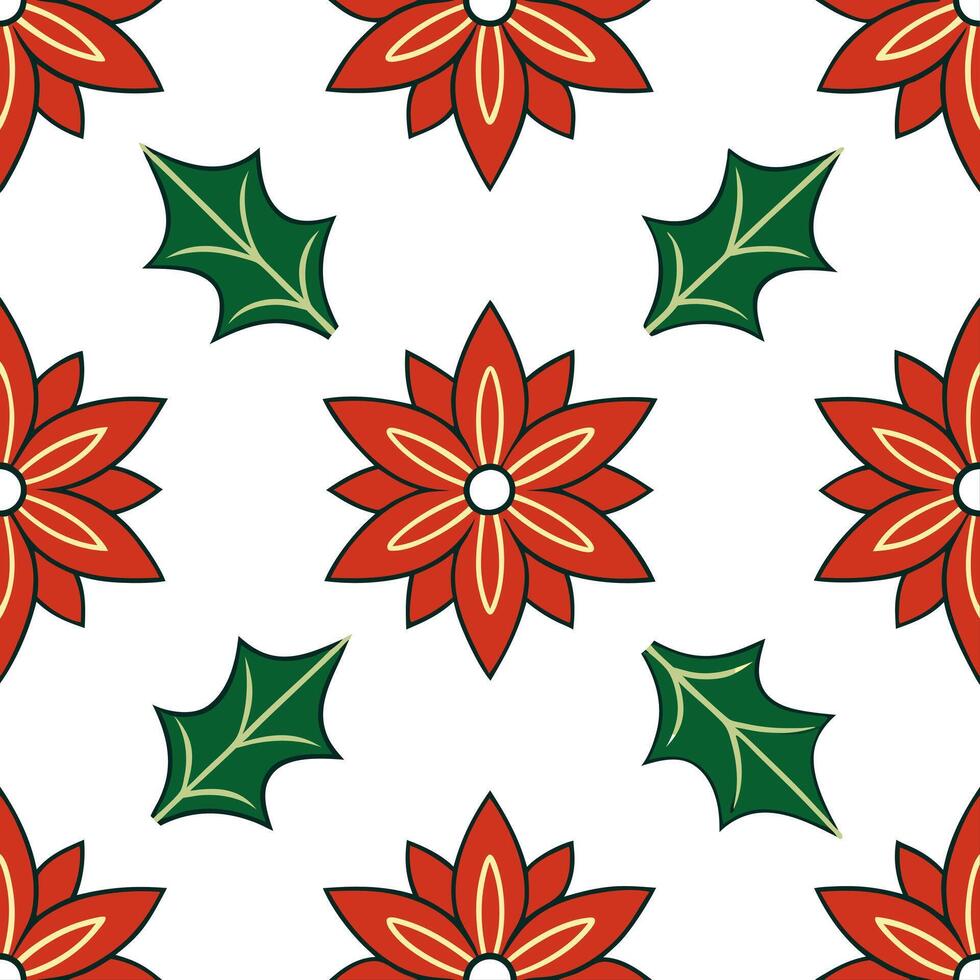 Elegant poinsettia and holly seamless tile pattern with rich red and green hues concept as Rich red poinsettias and holly leaves create an elegant seamless tile pattern with vibran Seamless Set vector