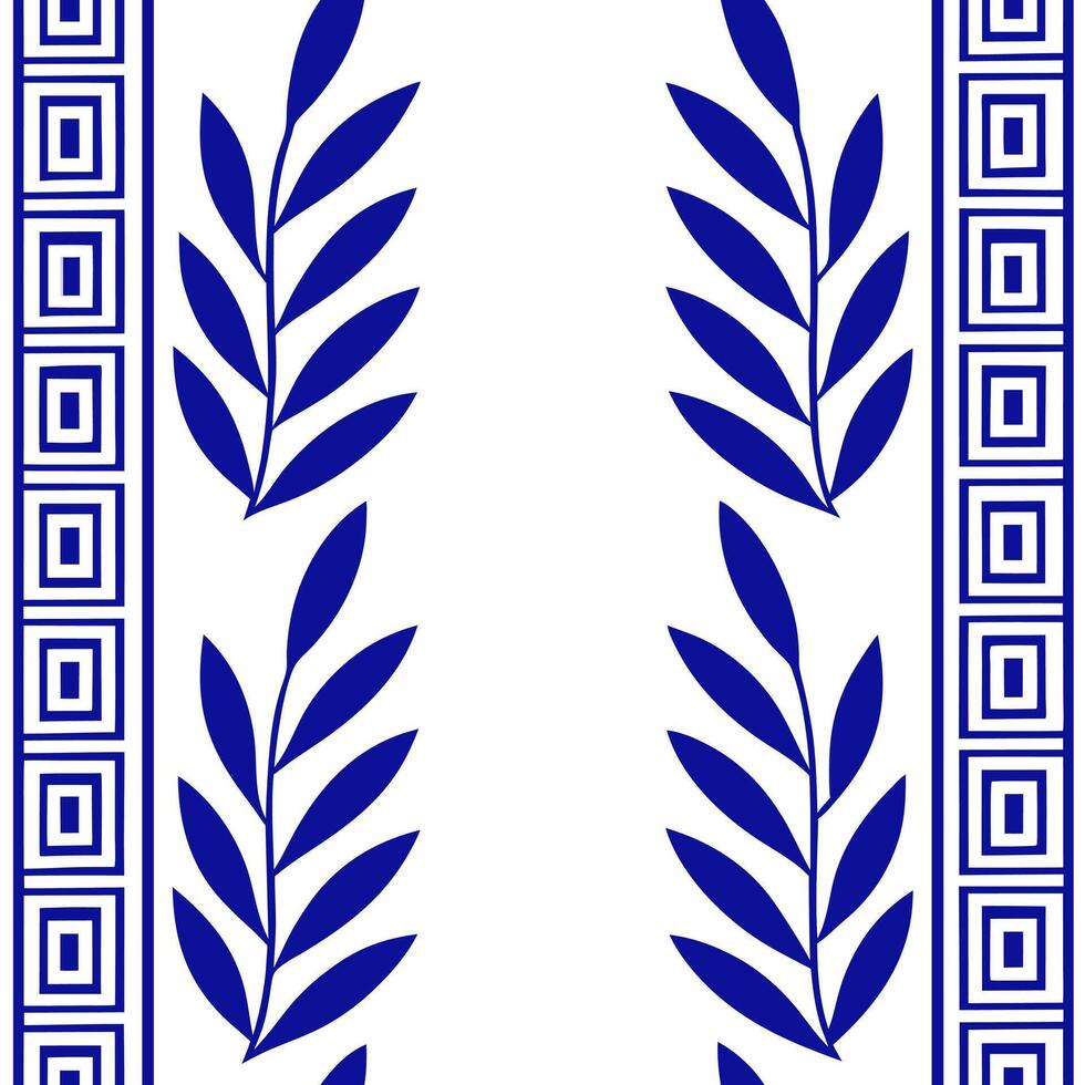 Greek key patterns and olive branches seamless tile design with classic white and blue tones concept as Classic white and blue tones highlight Greek key patterns intertwined with o Seamless Set vector