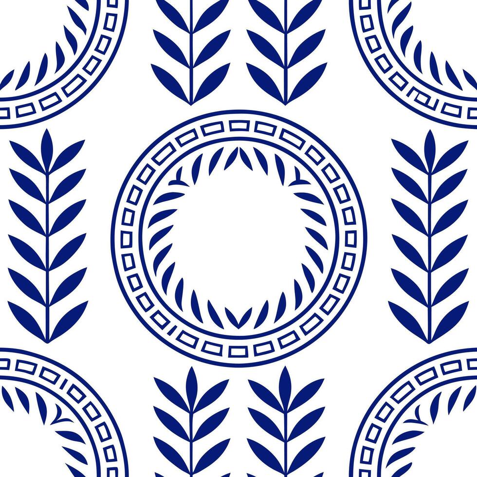 Greek meander patterns and olive branches seamless tile pattern with classic blue and white tones concept as Classic blue and white tones highlight Greek meander patterns intertwin Seamless Set 2 vector
