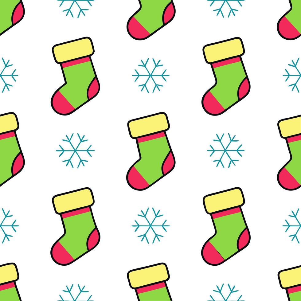 Whimsical Christmas stockings and snowflakes seamless tile pattern with colorful accents concept as Colorful accents on whimsical Christmas stockings and snowflakes create seamless Seamless Set vector