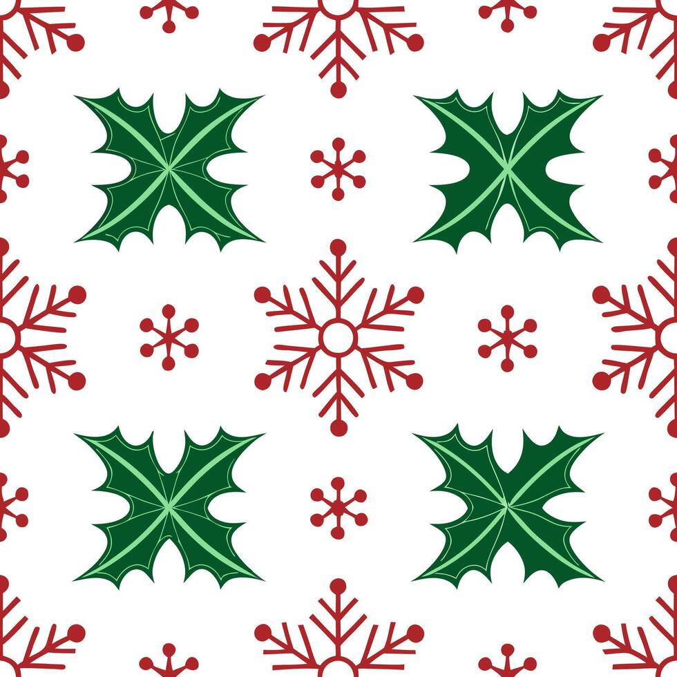 Elegant snowflake and holly leaf seamless tile pattern with rich red and green tones concept as Rich red holly leaves and elegant snowflakes create seamless tile pattern with festi Seamless Set vector