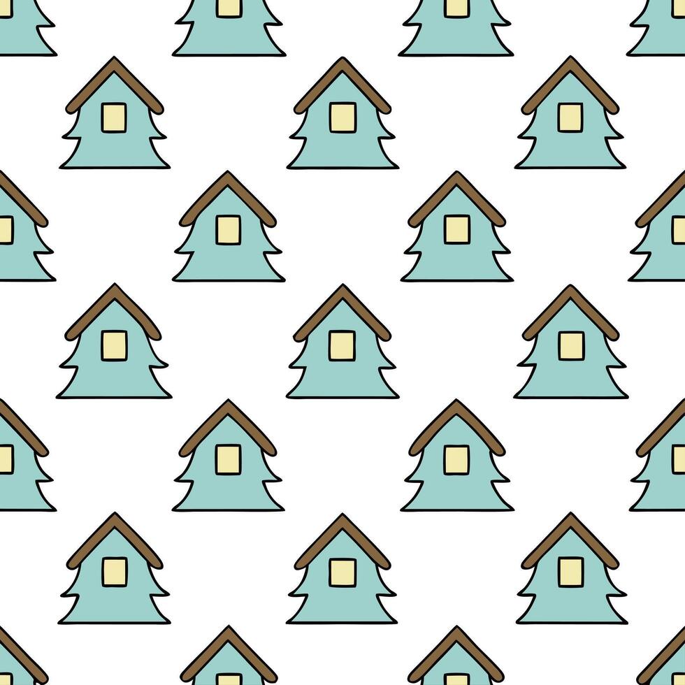 Elegant snow covered cottages and pine trees seamless tile pattern with winter charm concept as Snow covered cottages and pine trees create elegant seamless tile pattern with winte Seamless Set vector