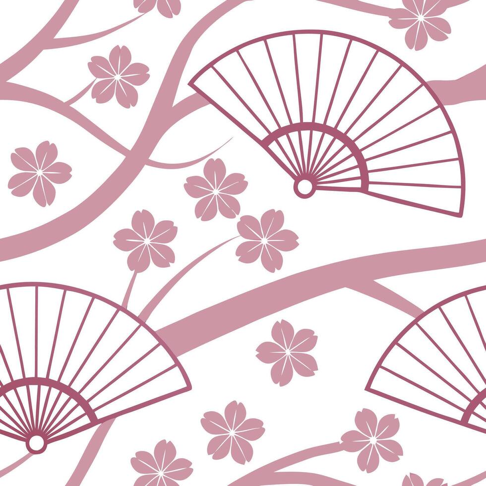 Japanese sakura blossoms and traditional fans seamless tile pattern with soft pink and white tones concept as Soft pink and white tones highlight Japanese sakura blossoms intertwin Seamless Set 2 vector