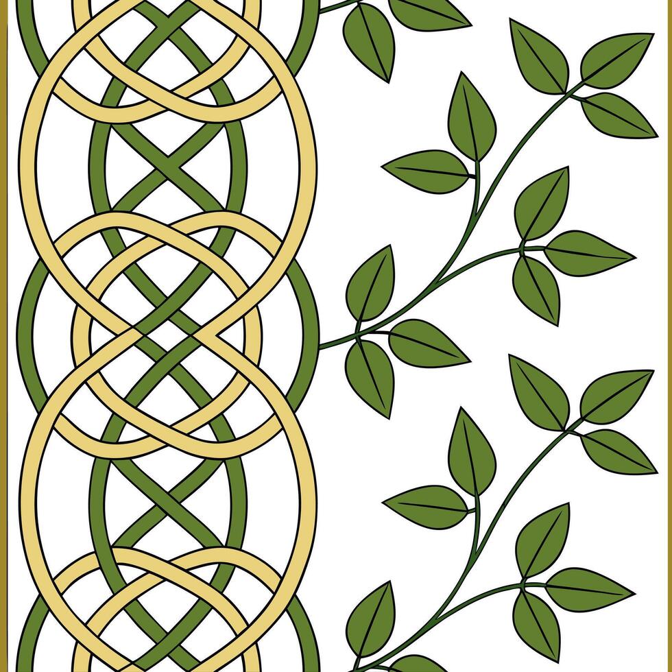 Celtic knots and interwoven vines seamless tile pattern with rich green and gold accents concept as Rich green and gold accents highlight Celtic knots intertwined with vines in sea Seamless Set 3 vector
