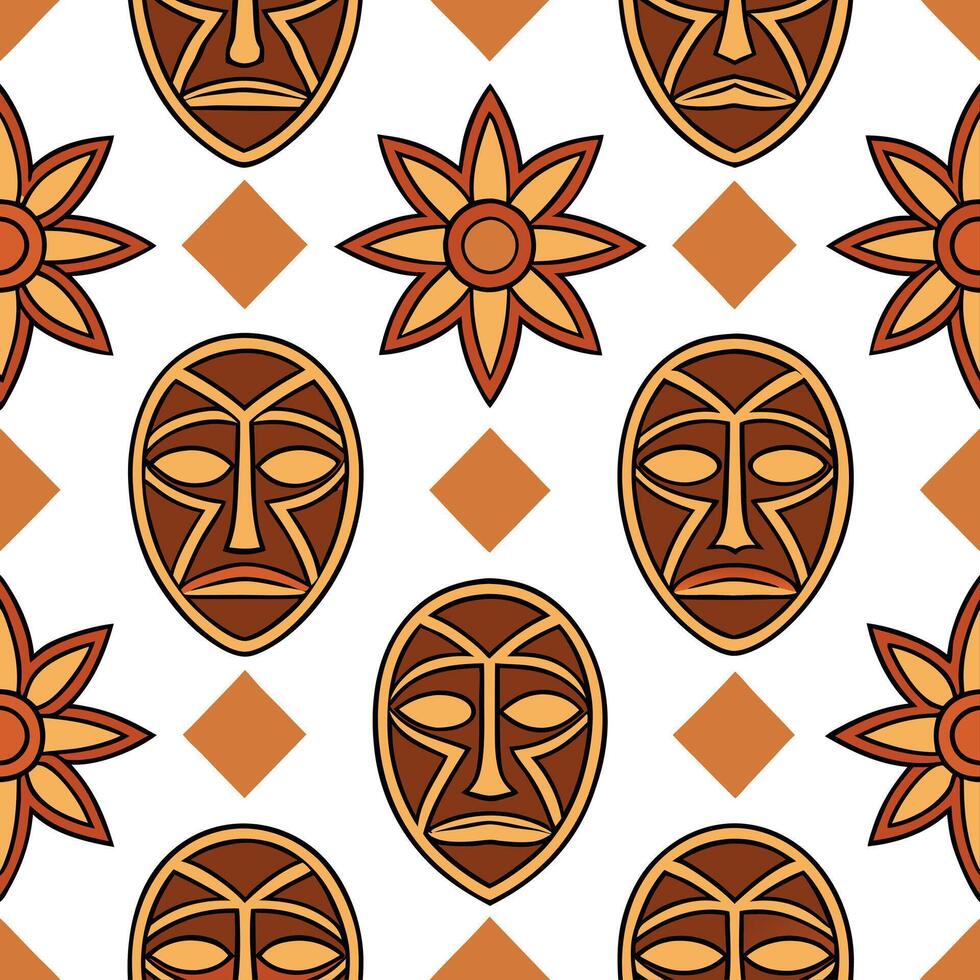African tribal masks and geometric patterns seamless tile pattern with earthy tones concept as Earthy tones highlight African tribal masks intertwined with geometric patterns in se Seamless Set vector