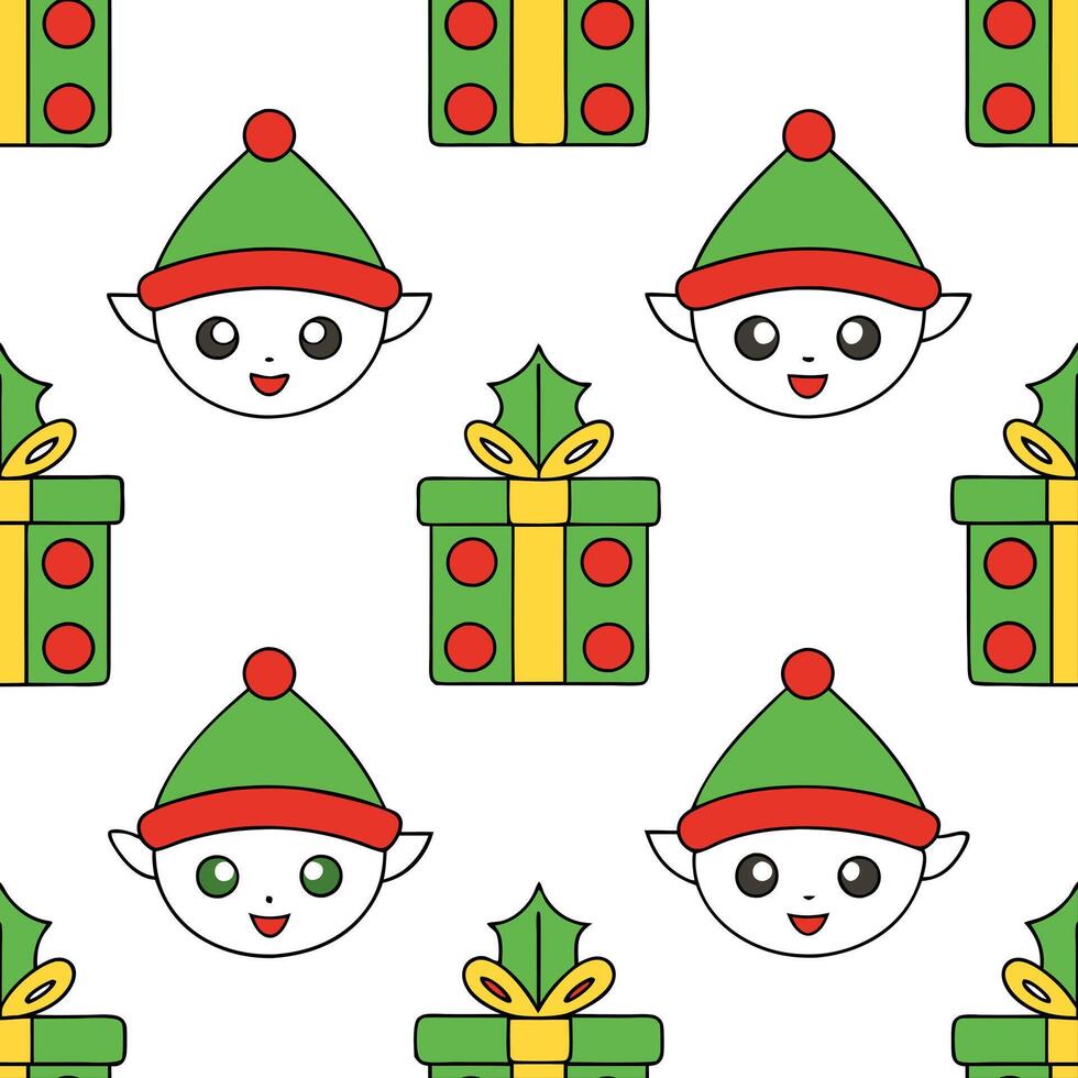Whimsical Christmas elves and gifts seamless tile pattern with playful holiday elements concept as Playful Christmas elves and gifts create whimsical seamless tile pattern with fes Seamless Set vector