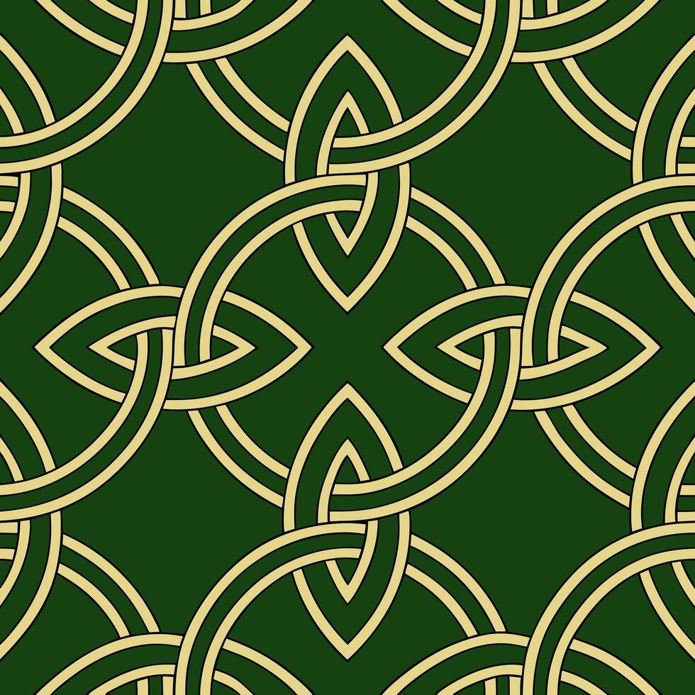 Celtic knots and interwoven vines seamless tile pattern with rich green and gold accents concept as Rich green and gold accents highlight Celtic knots intertwined with vines in sea Seamless Set 2 vector