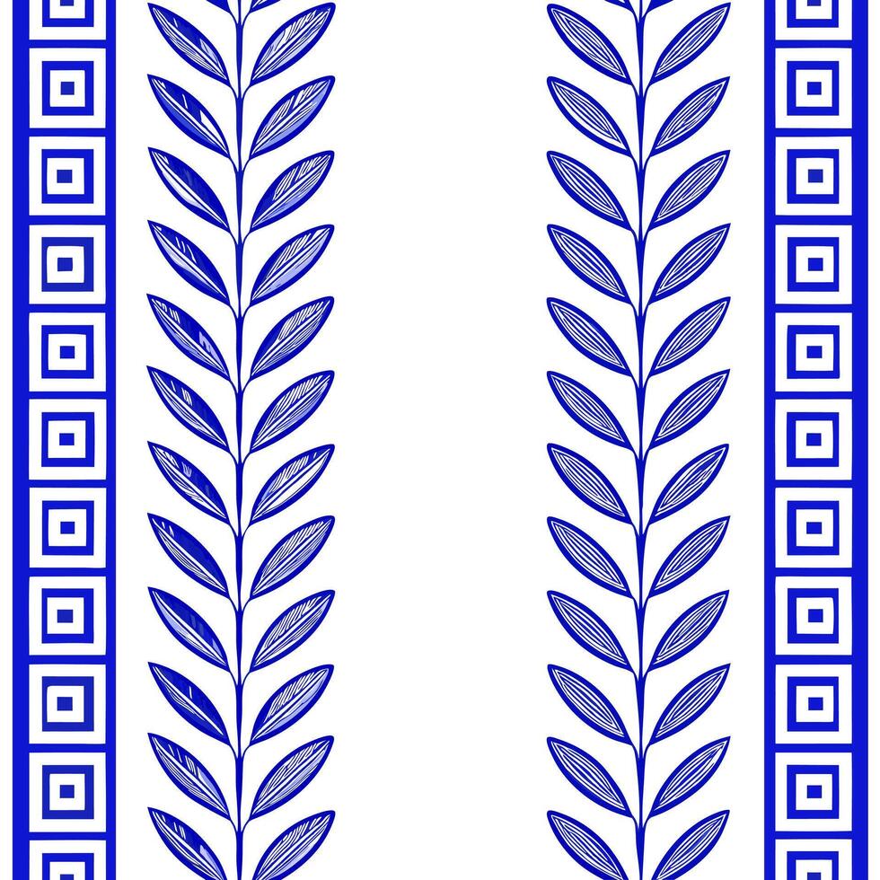 Greek meander patterns and olive branches seamless tile pattern with classic blue and white tones concept as Classic blue and white tones highlight Greek meander patterns intertwin Seamless Set 3 vector