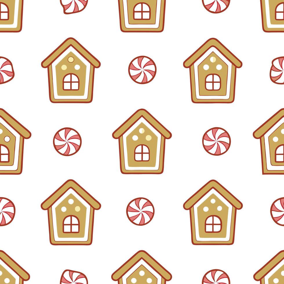 Whimsical gingerbread houses and candy canes seamless tile pattern with sweet holiday vibes concept as Sweet gingerbread houses and candy canes create whimsical seamless tile patte Seamless Set vector