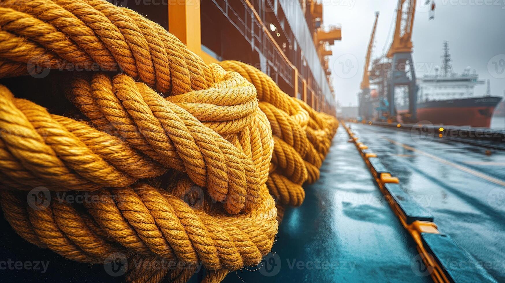 Dockside scene with ropes and shipping cranes. photo