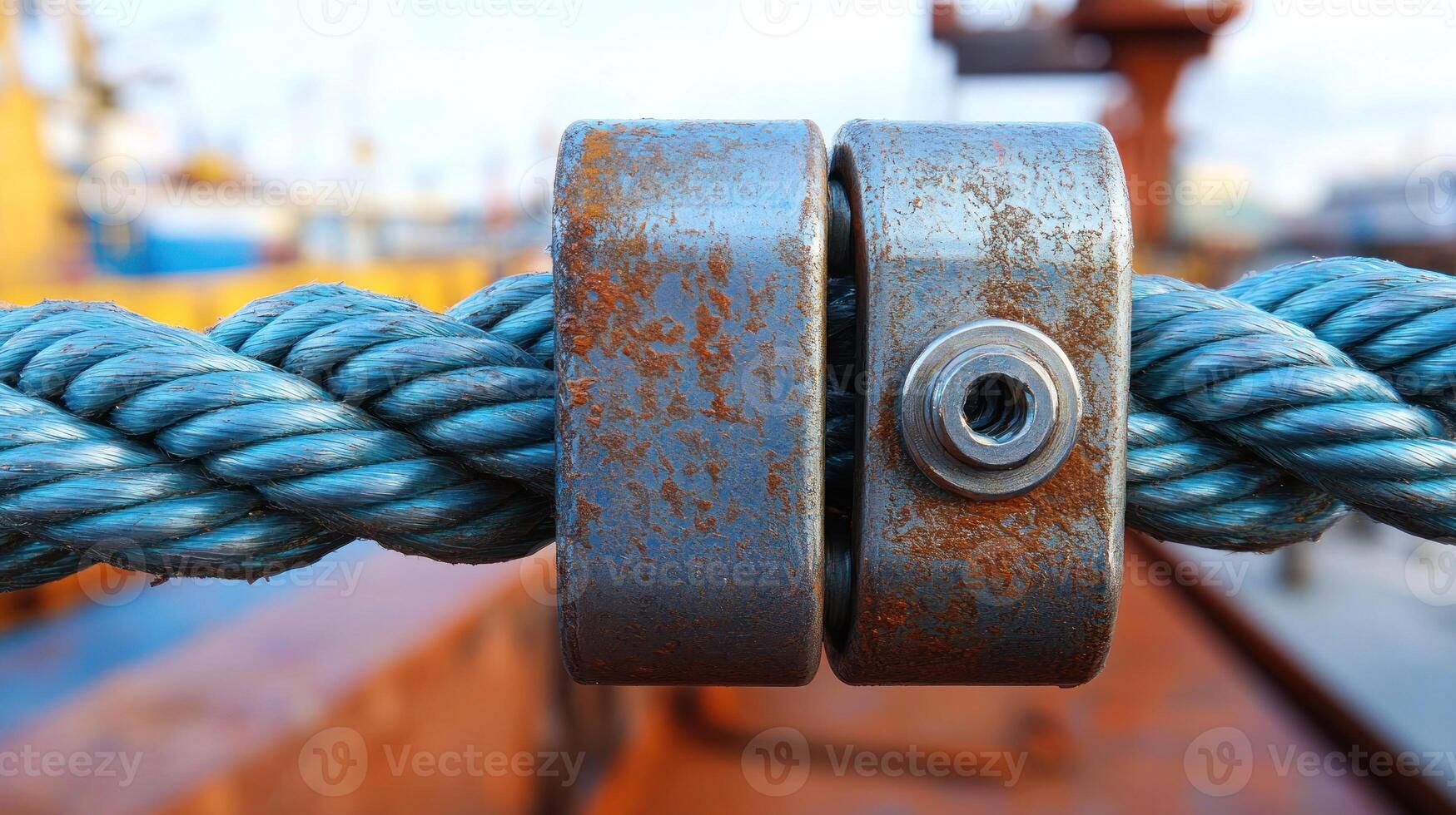 Close-up of rusted metal hardware and rope. photo