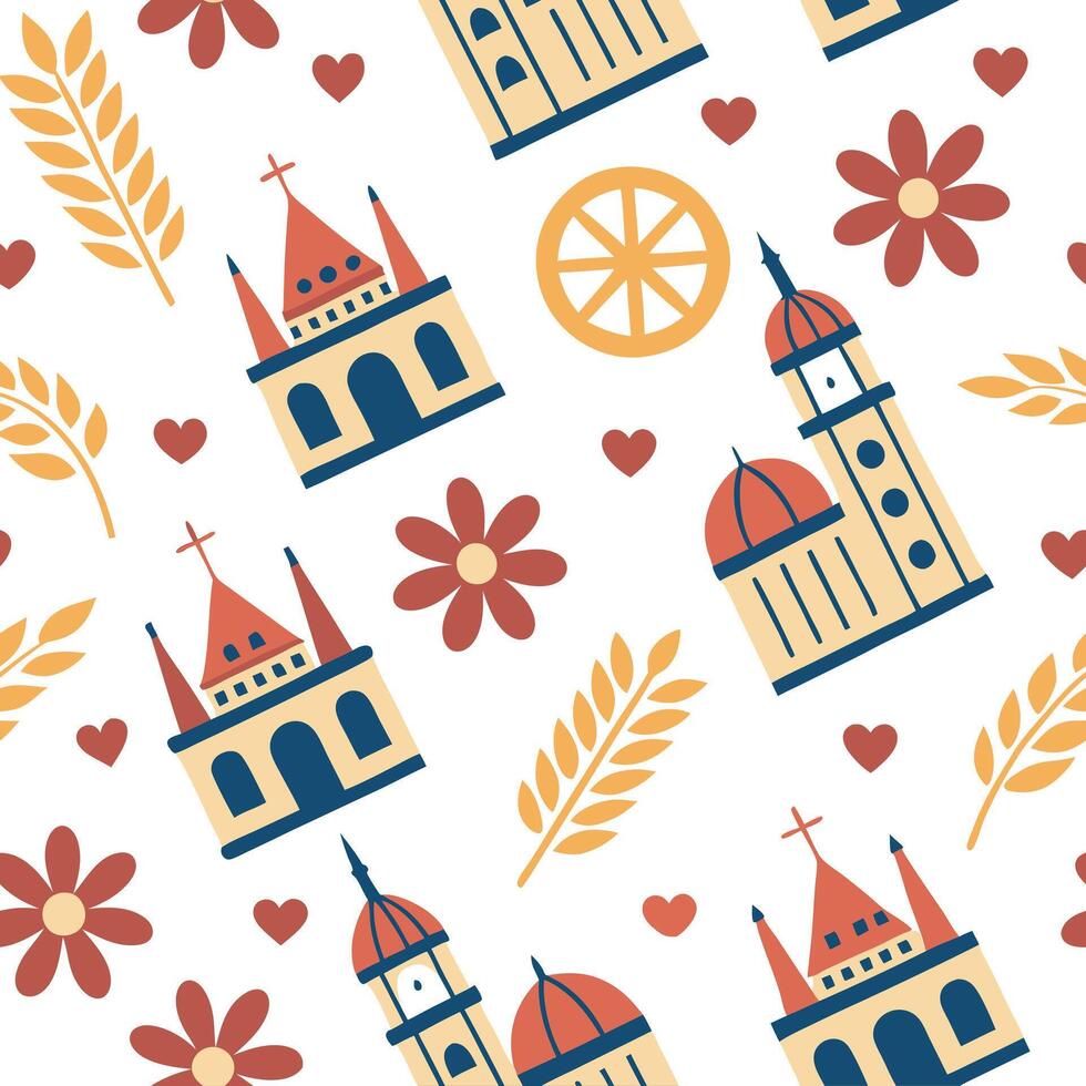 Charming local landmarks and traditional symbols seamless tile pattern with vibrant colors concept as Vibrant colors highlight charming local landmarks and traditional symbols in s Seamless Set vector