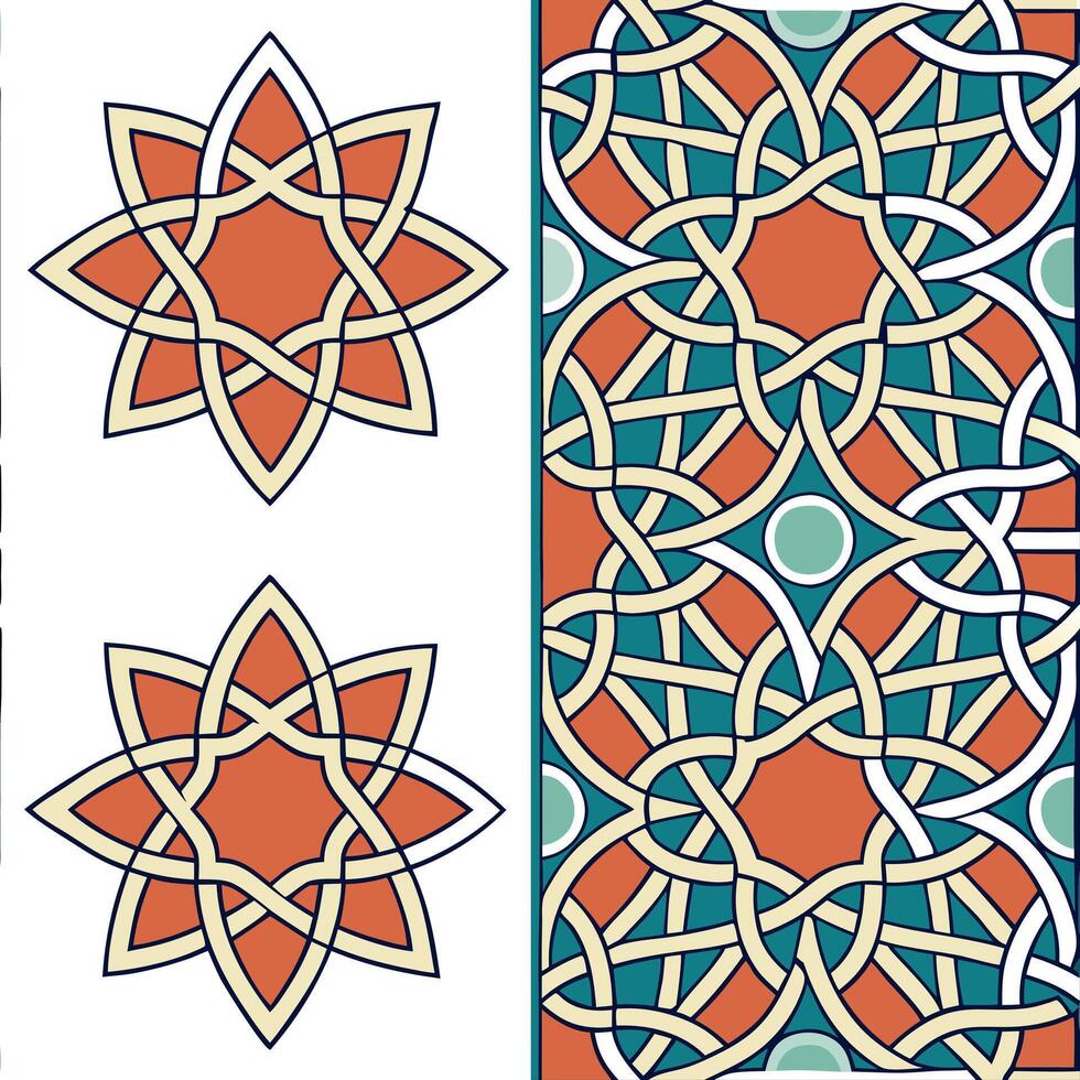 Intricate Islamic geometric patterns and arabesques seamless tile pattern with vibrant colors concept as Vibrant colors highlight intricate Islamic geometric patterns intertwined w Seamless Set vector