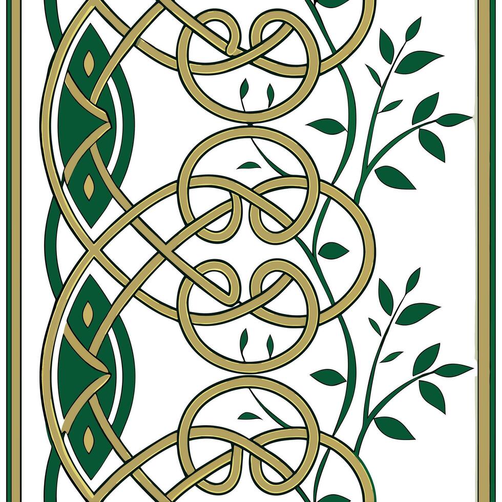 Celtic knots and interwoven vines seamless tile pattern with rich green and gold accents concept as Rich green and gold accents highlight Celtic knots intertwined with vines in sea Seamless Set 4 vector