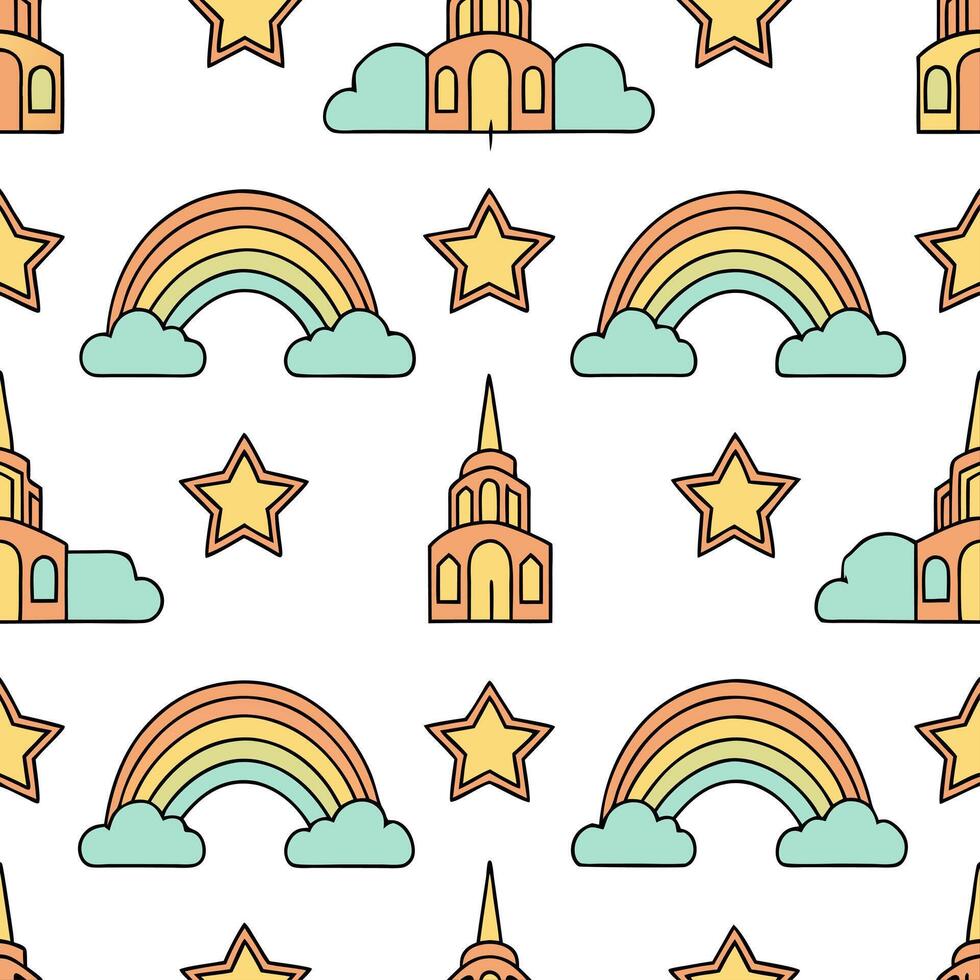 Local folklore scenes and mythical creatures seamless tile pattern with vibrant and earthy tones concept as Vibrant and earthy tones highlight local folklore scenes and mythical cr Seamless Set vector