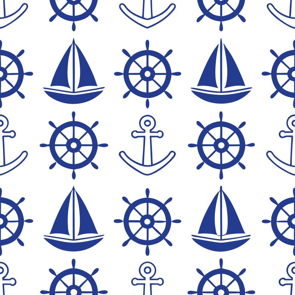 Traditional boats and maritime symbols seamless tile pattern with blue and white hues concept as Blue and white hues highlight traditional boats and maritime symbols in seamless ti Seamless Set vector