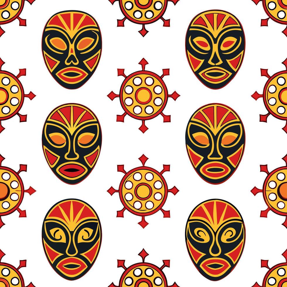 Traditional masks and symbolic patterns seamless tile pattern with bold and vibrant colors concept as Bold and vibrant colors highlight traditional masks and symbolic patterns in s Seamless Set vector