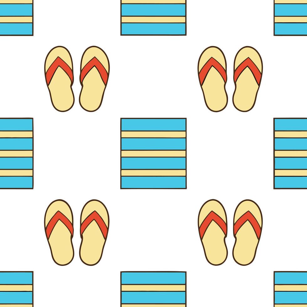 Classic summer seamless pattern with striped beach towels and flip flops for relaxed beach vibes concept as Striped beach towels and flip flops arranged in a seamless pattern for c Seamless Set vector