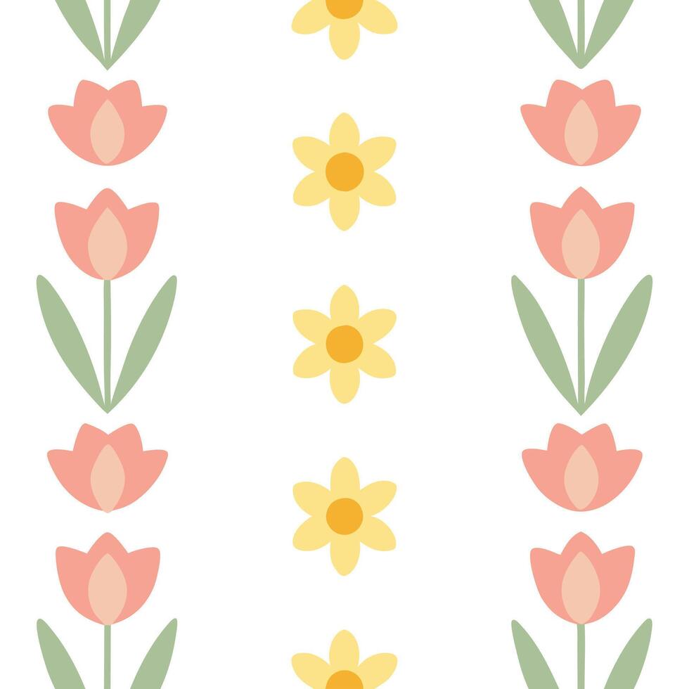 Soft pastel spring seamless tile pattern with small daffodils and tulips for cheerful decor concept as Cheerful spring daffodils and tulips arranged in soft pastel tones to create Seamless Set vector