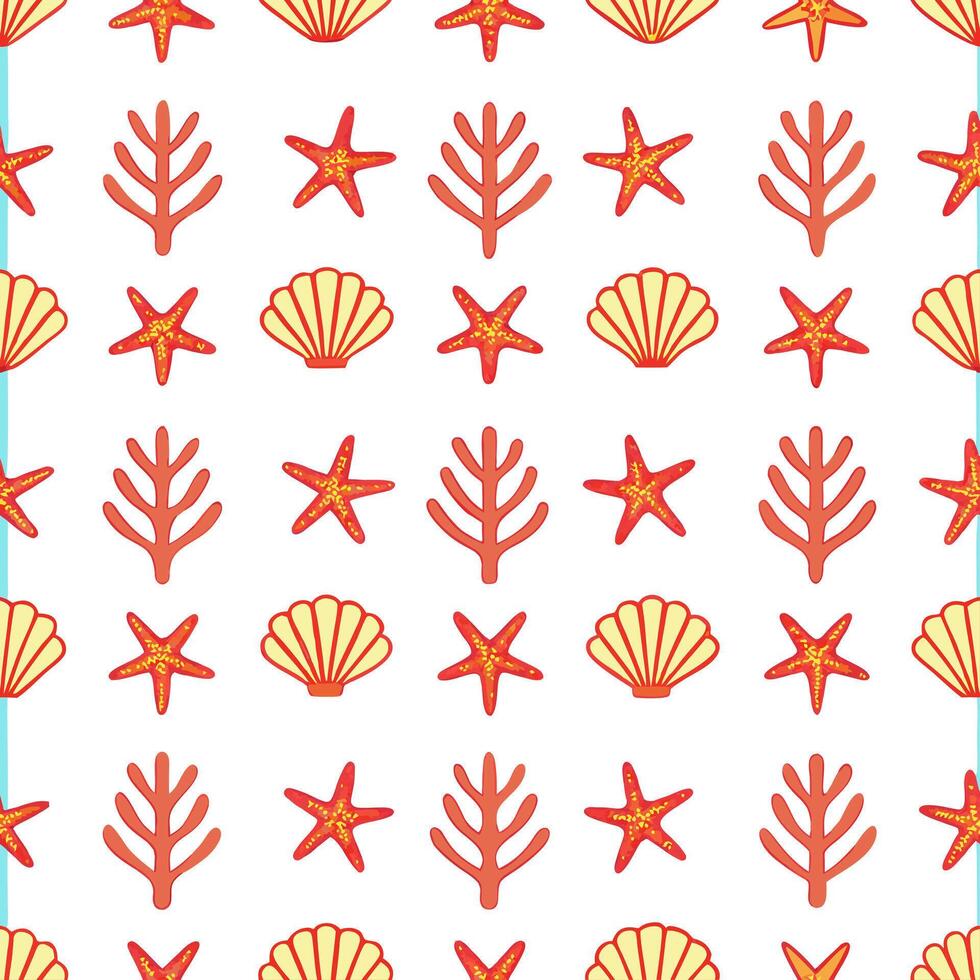 Ocean inspired summer seamless tile pattern with coral reefs and sea creatures for coastal decor concept as Coral reefs and sea creatures arranged in a seamless pattern perfect for Seamless Set vector